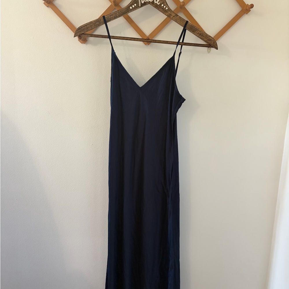 Quince Navy Satin Slip Dress with Spaghetti Straps - Picture 3 of 4